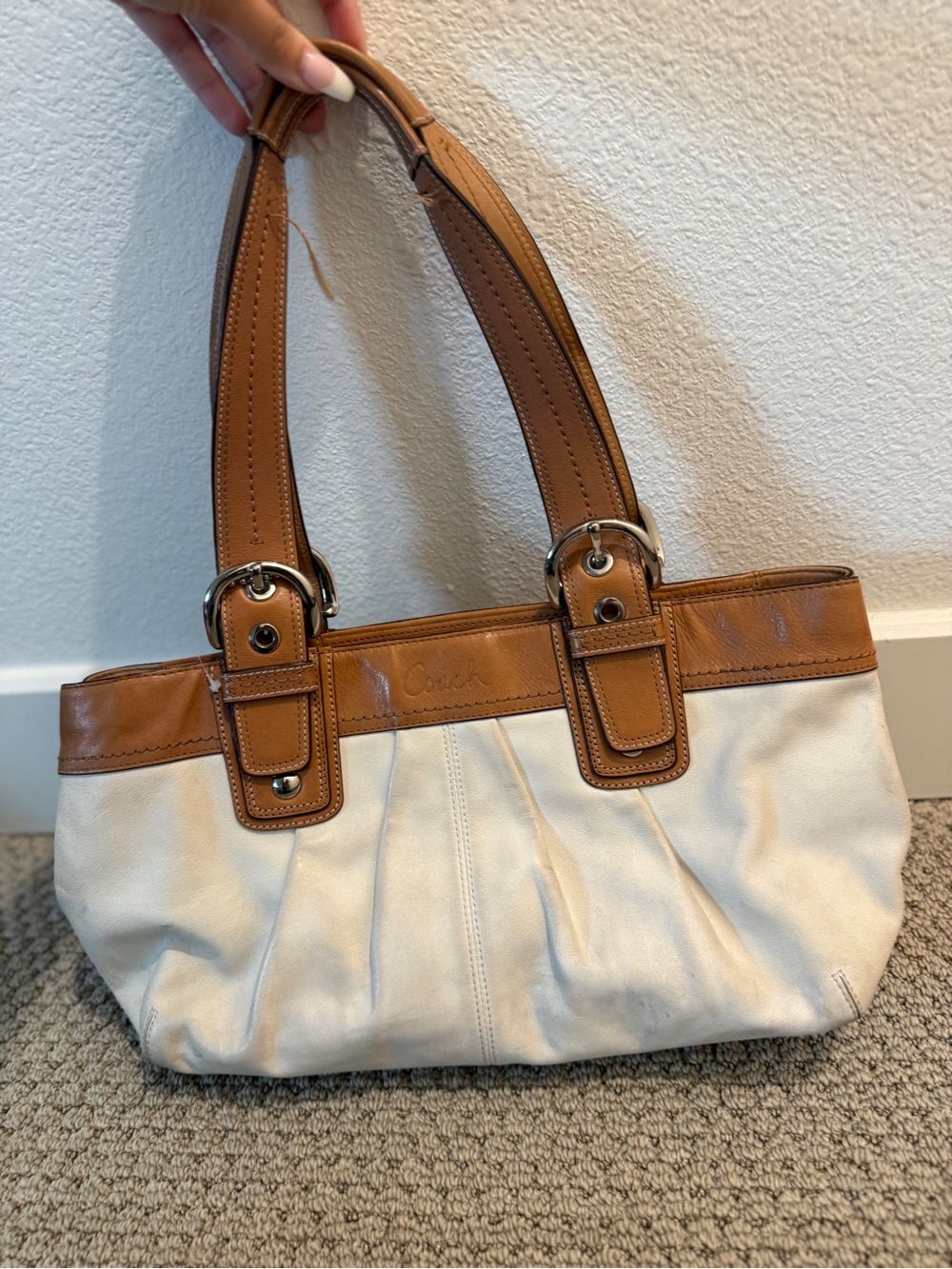 Coach Cream Canvas Shoulder Bag with Tan Leather Trim